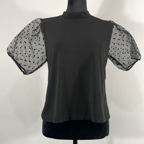 Black embellished Sheer polka dot short sleeves Top, Size Small - Picture 8 of 8